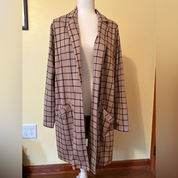 Maurice’s plaid grid duster blazer tan black long cardigan size 1 Plus 16/18 - Picture 1 of 9